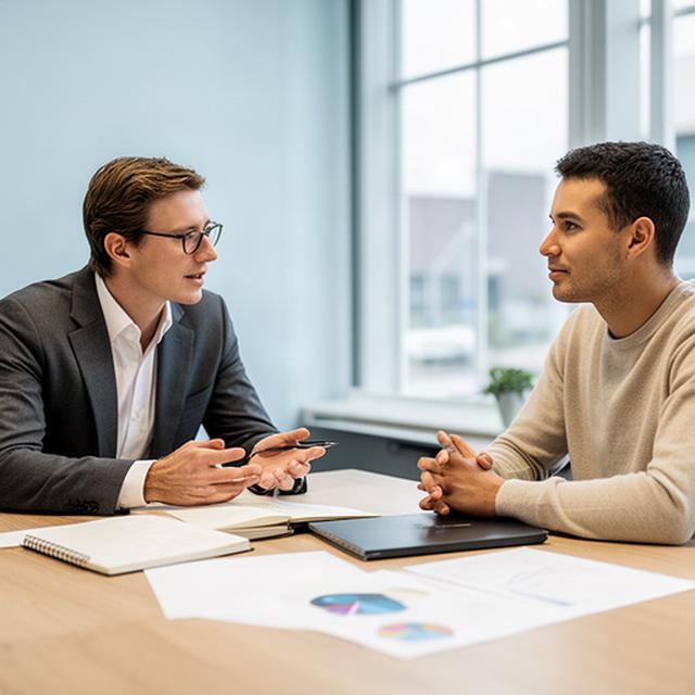 Adviseur bespreekt een groeiplan met een ondernemer aan tafel in een kantoor in Lochem